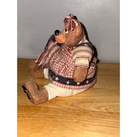 Rustic Americana Russ Berrie Ross Bear Figurine With Patriotic Outfit & Bow - Picture 2 of 6